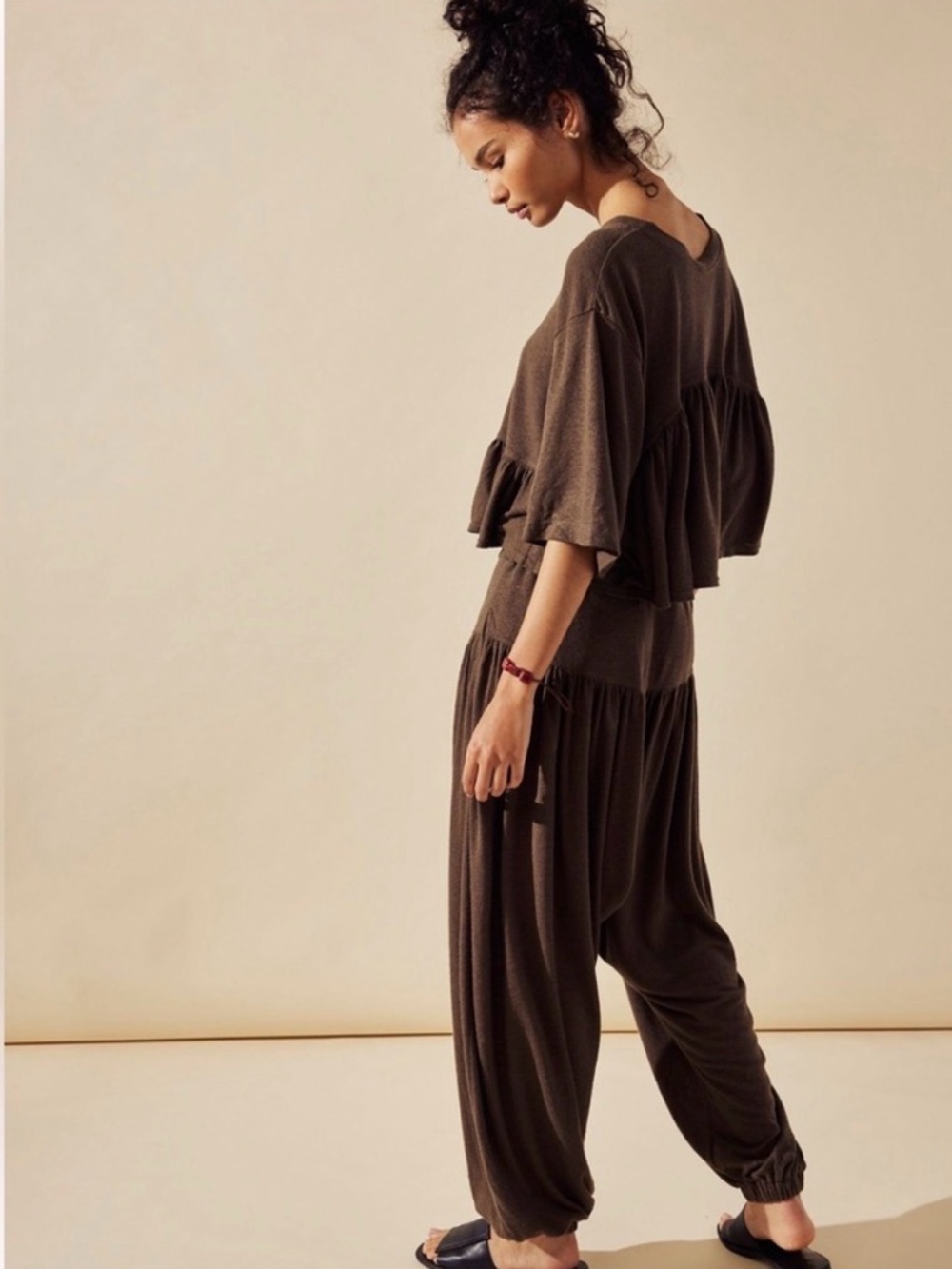 Free People Beach Olive Brown Alma RuffleTwo Piece Harem Pant Set Small - Picture 2 of 9